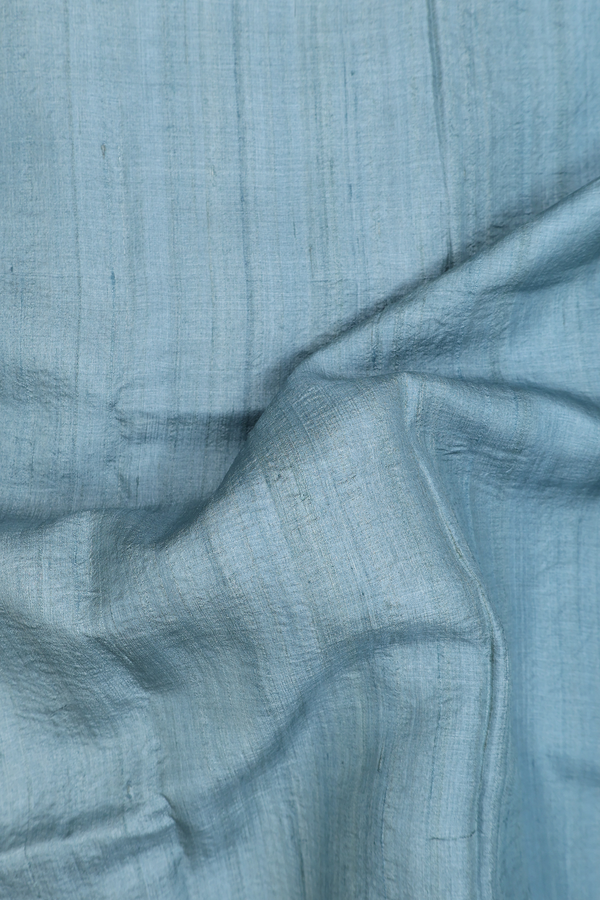 Tussar Silk Saree In Stone Blue With Hand Embroidered Pallu