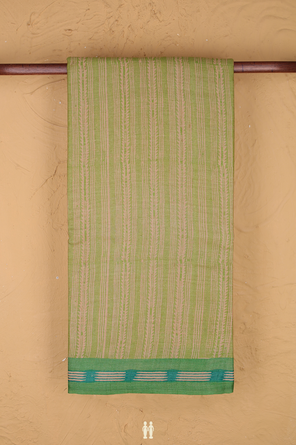 Tussar Silk Saree In Tan And Green With Stripes Design