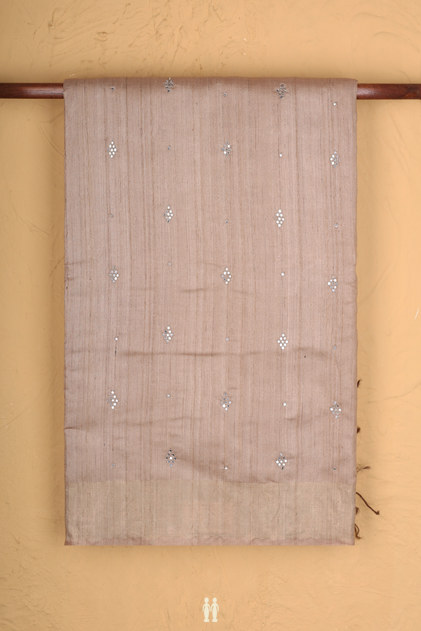 Tussar Silk Saree In Tan Brown With Mirror Buttis
