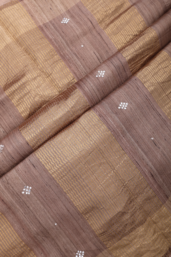 Tussar Silk Saree In Tan Brown With Mirror Buttis