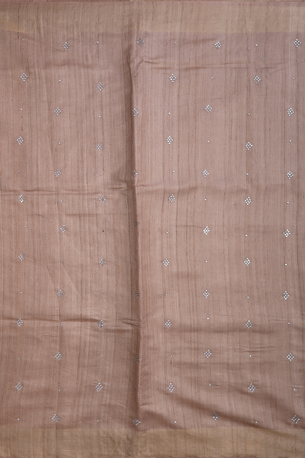 Tussar Silk Saree In Tan Brown With Mirror Buttis