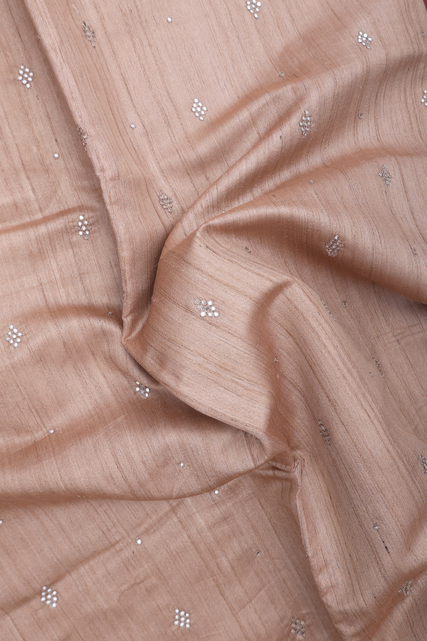 Tussar Silk Saree In Tan Brown With Mirror Buttis