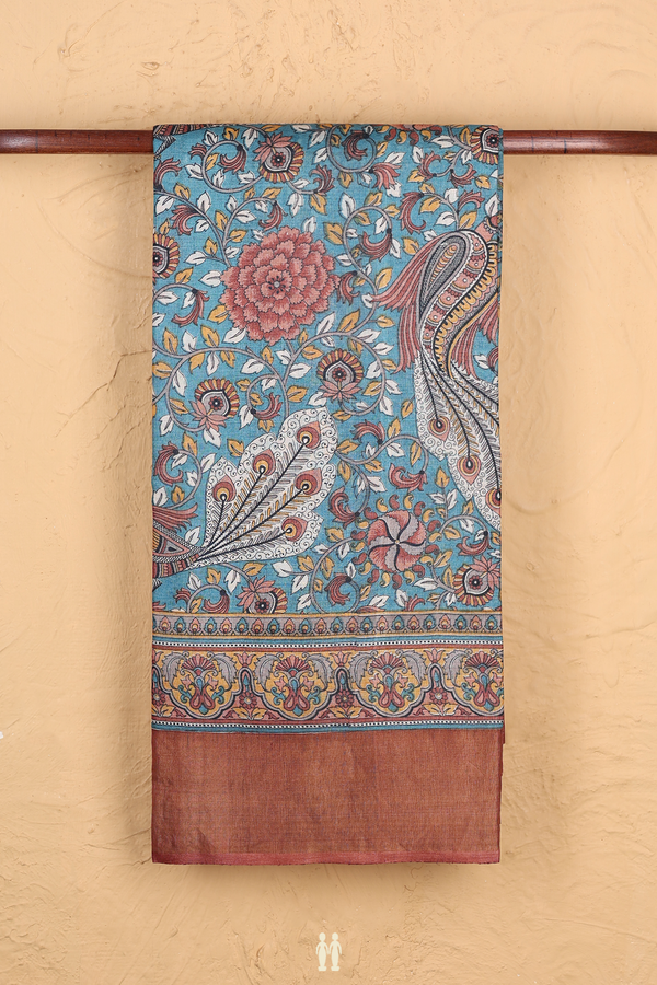 Tussar Silk Saree In Teal Blue With Peacock Design