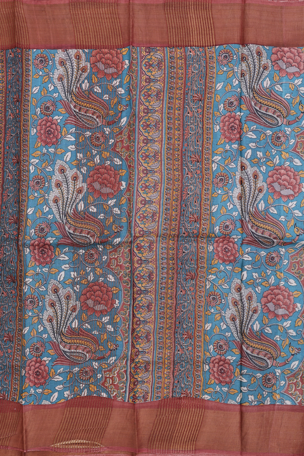 Tussar Silk Saree In Teal Blue With Peacock Design
