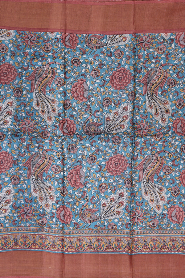 Tussar Silk Saree In Teal Blue With Peacock Design