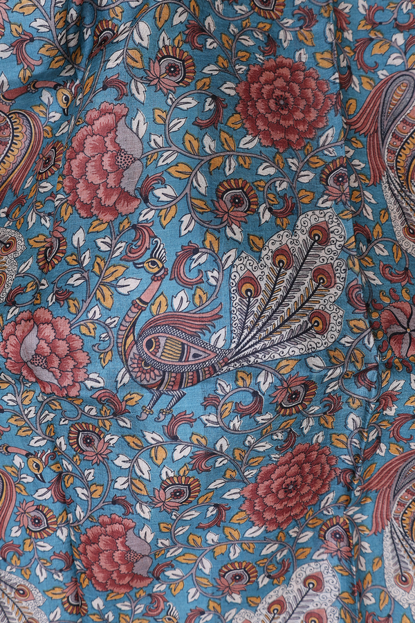 Tussar Silk Saree In Teal Blue With Peacock Design