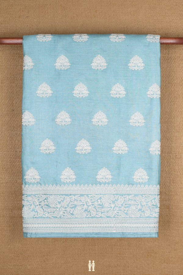 Tussar Silk Saree In Turkish Blue With Floral Buttas