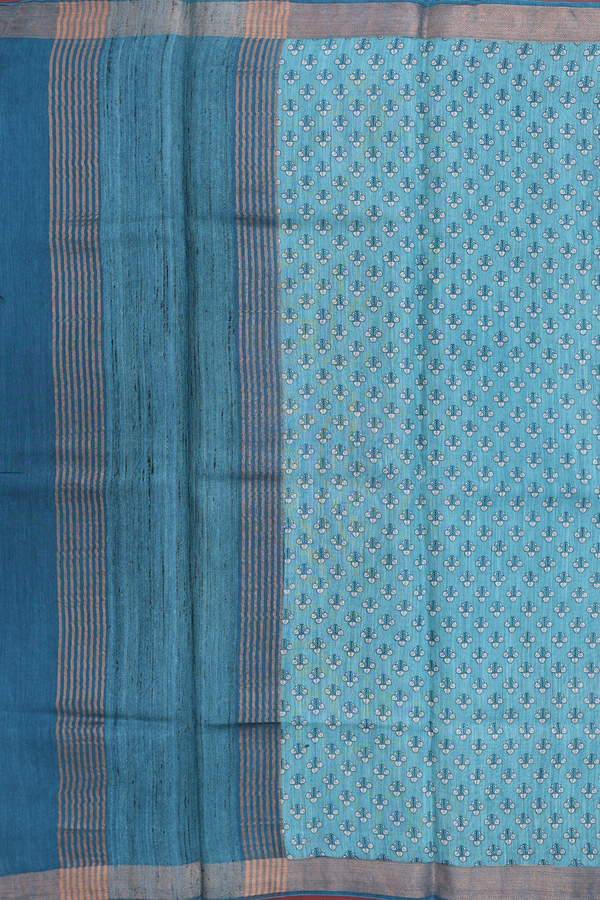 Tussar Silk Saree In Turkish Blue With Floral Design