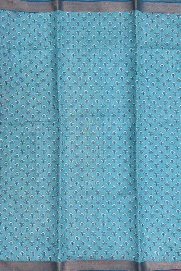 Tussar Silk Saree In Turkish Blue With Floral Design