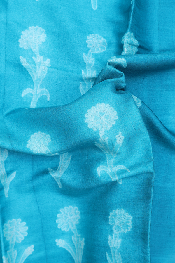 Tussar Silk Saree In Turquoise Blue With Shibori Design