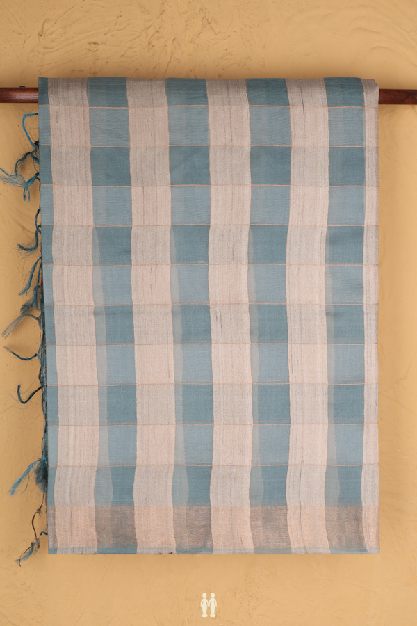 Tussar Silk Saree In White And Blue With Checks Design