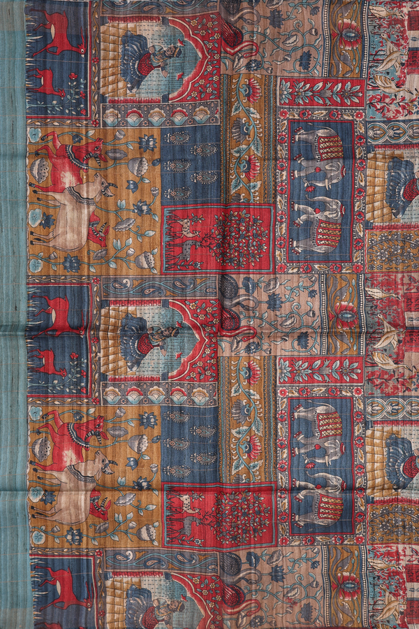 Tussar Silk Saree In White And Blue With Checks Design