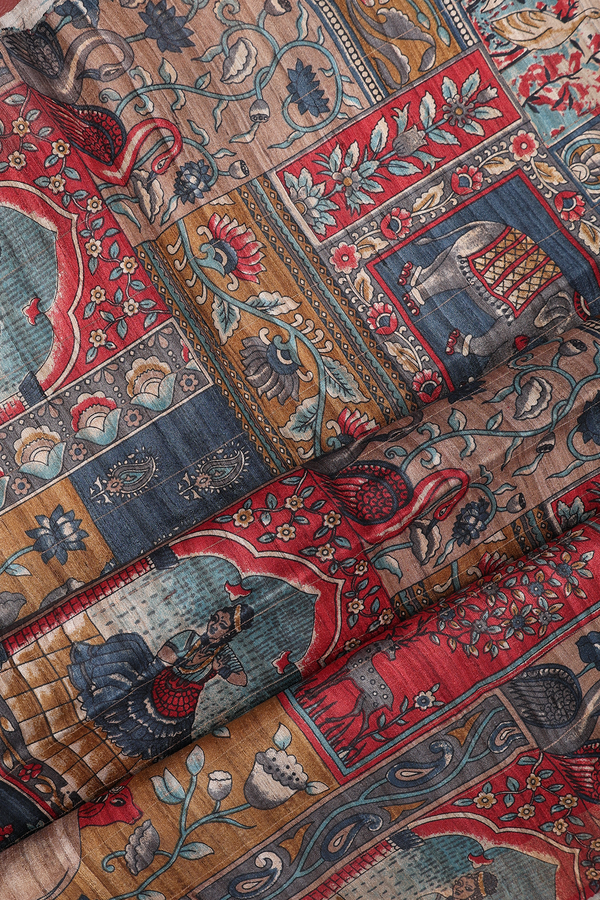 Tussar Silk Saree In White And Blue With Checks Design