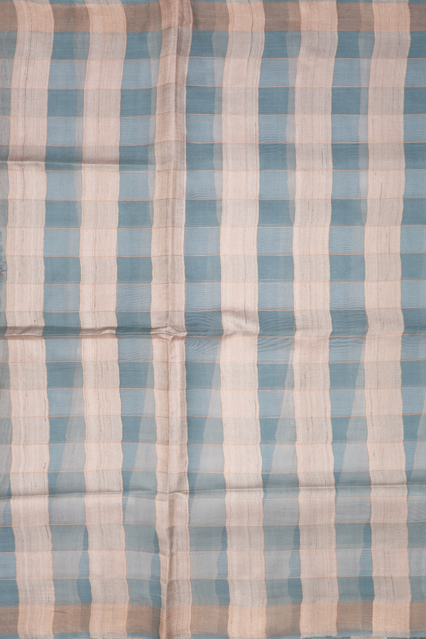 Tussar Silk Saree In White And Blue With Checks Design