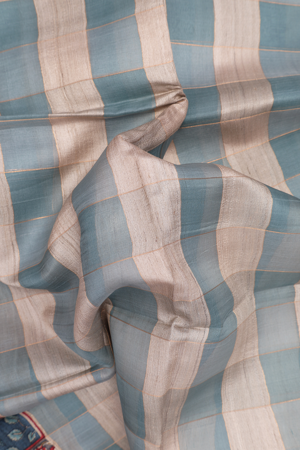 Tussar Silk Saree In White And Blue With Checks Design