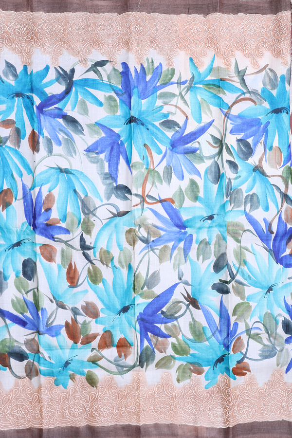 Tussar Silk Saree In White With Floral Design