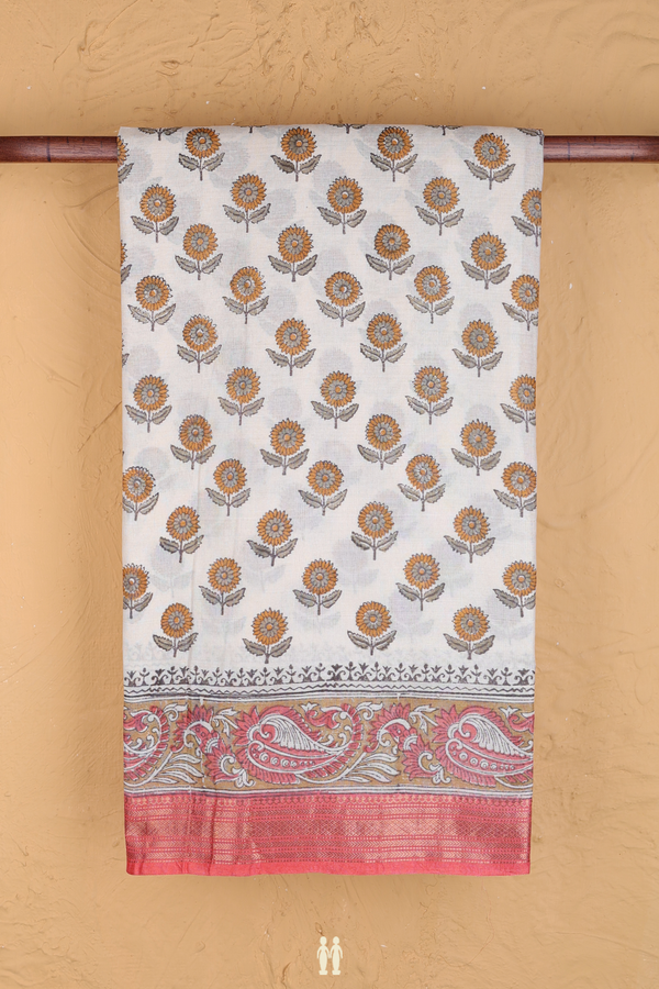 Tussar Silk Saree In White With Floral Printed Design