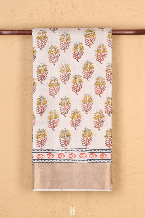 Tussar Silk Saree In Cream With Floral Printed Design