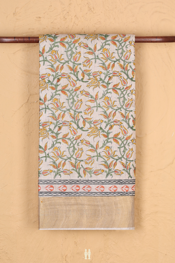 Tussar Silk Saree In Cream With Floral Printed Design