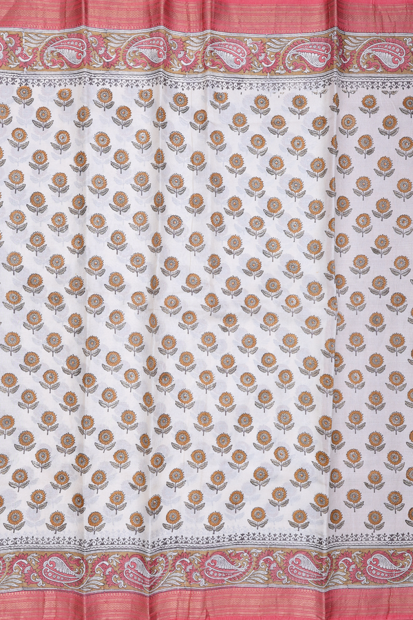 Tussar Silk Saree In White With Floral Printed Design