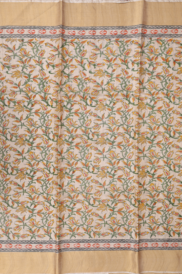 Tussar Silk Saree In Cream With Floral Printed Design
