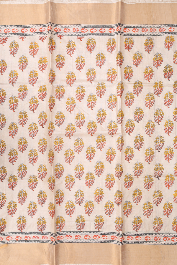 Tussar Silk Saree In Cream With Floral Printed Design