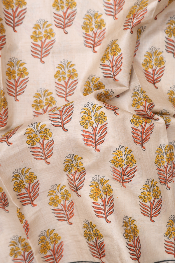 Tussar Silk Saree In Cream With Floral Printed Design