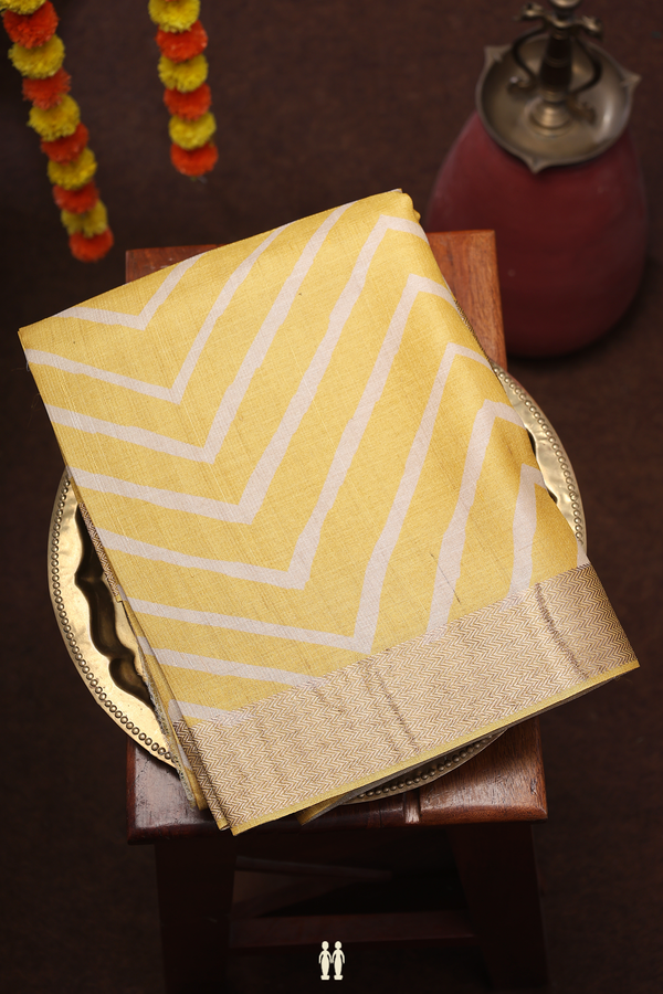 Tussar Silk Saree In Yellow With Chevron Design