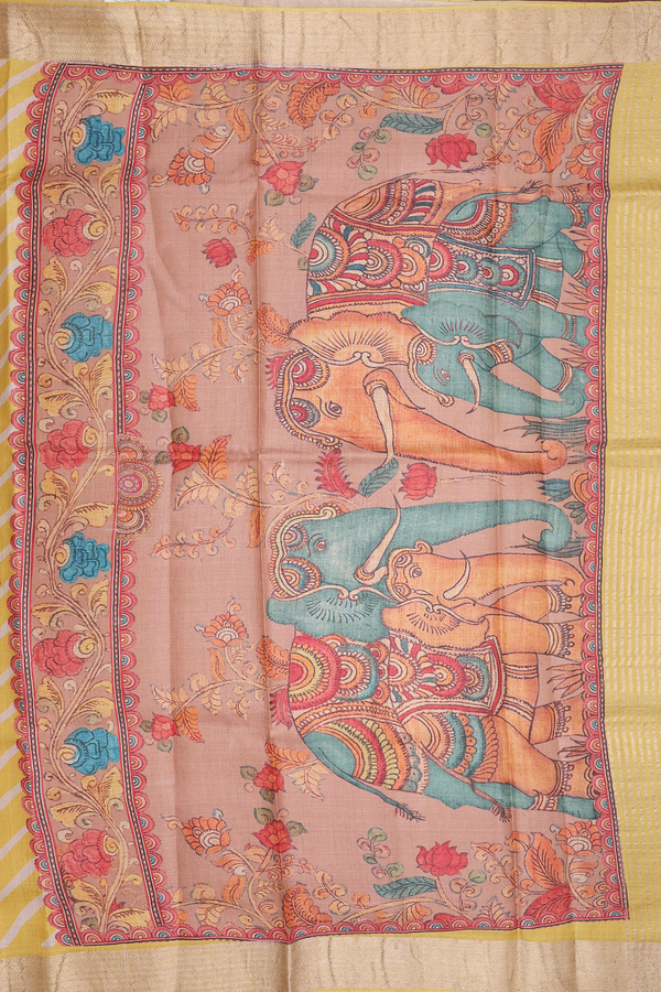 Tussar Silk Saree In Yellow With Chevron Design