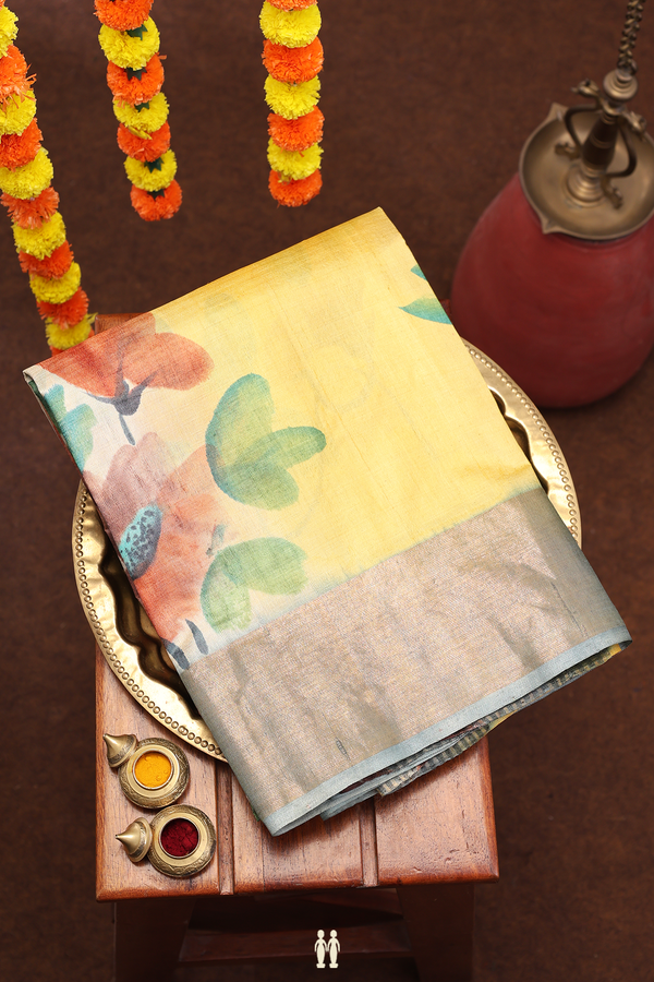 Tussar Silk Saree In Yellow With Floral Design