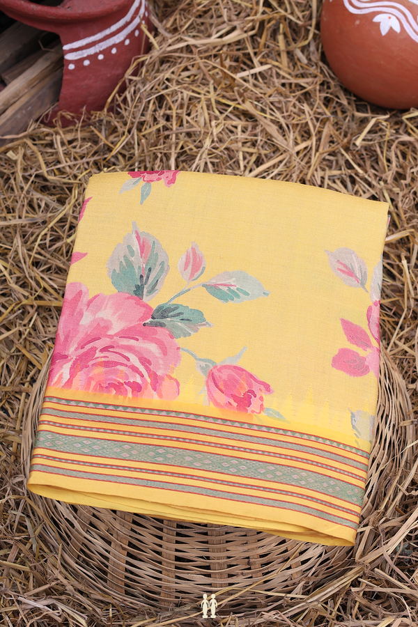 Tussar Silk Saree In Yellow With Floral Design