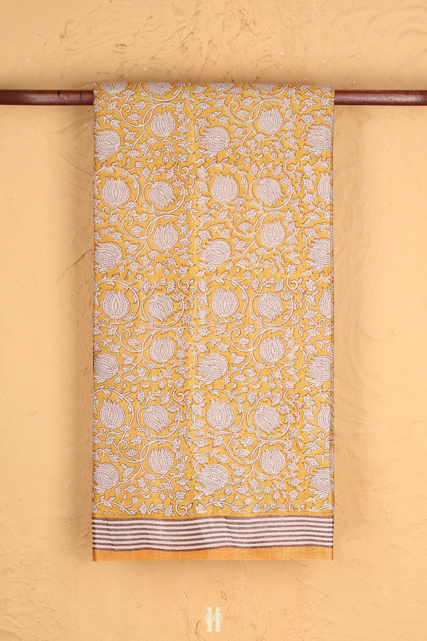Tussar Silk Saree In Yellow With Floral Design