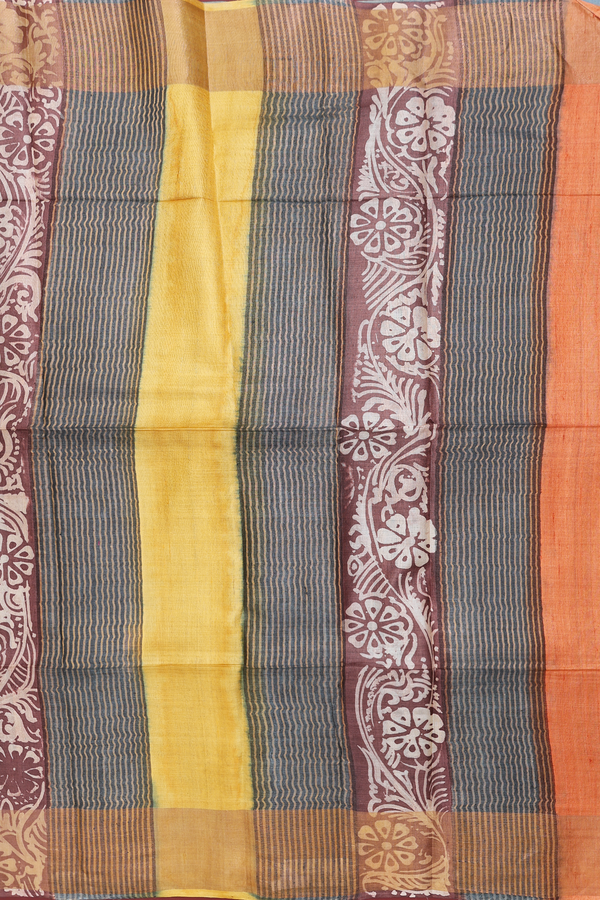 Tussar Silk Saree In Yellow With Floral Design