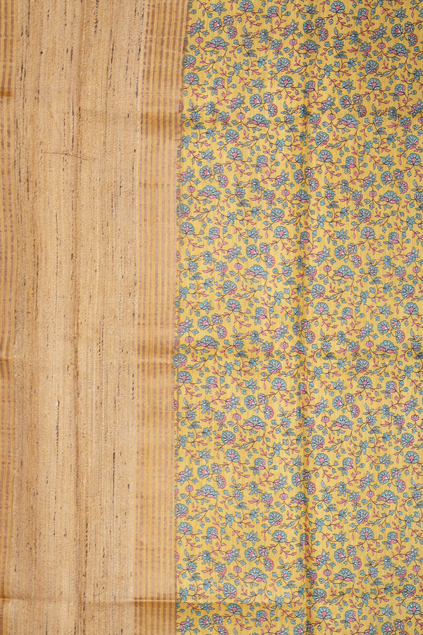 Tussar Silk Saree In Yellow With Floral Design