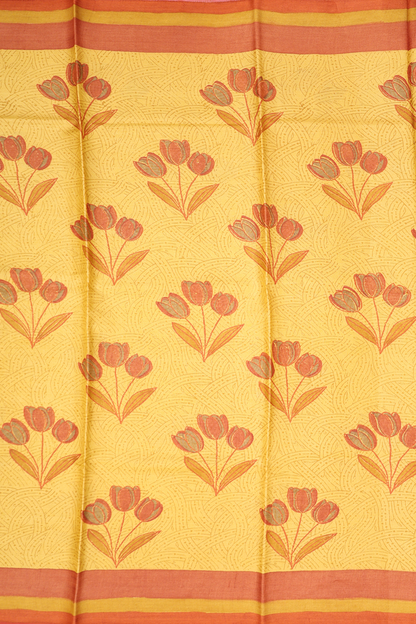 Tussar Silk Saree In Yellow With Floral Design