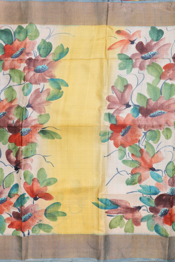 Tussar Silk Saree In Yellow With Floral Design