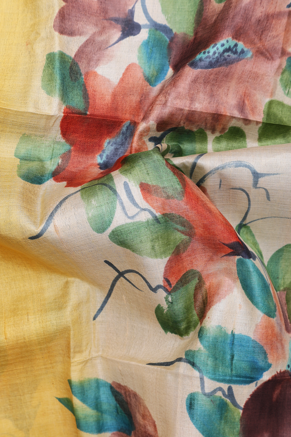 Tussar Silk Saree In Yellow With Floral Design