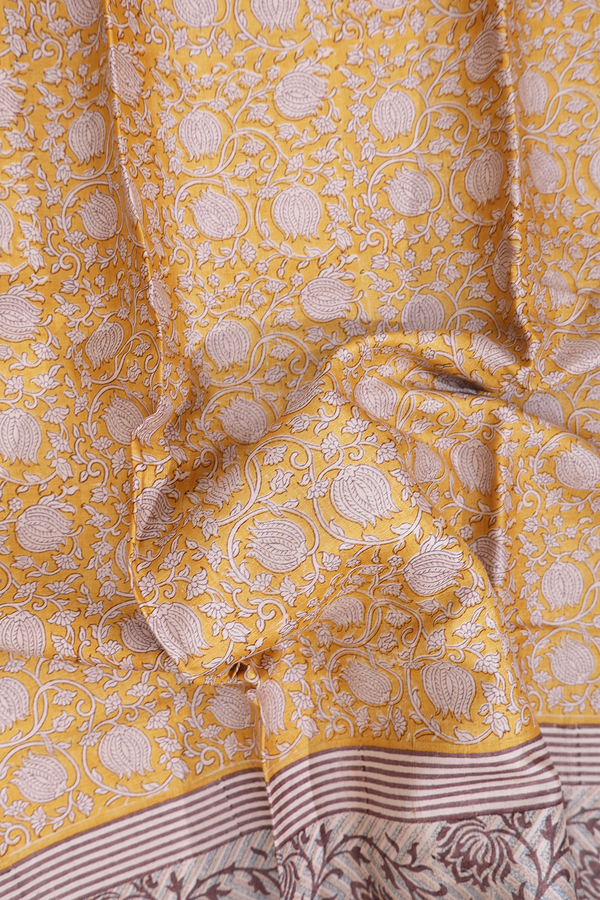 Tussar Silk Saree In Yellow With Floral Design