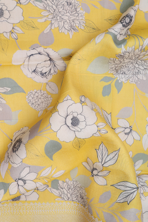 Tussar Silk Saree In Yellow With Floral Printed Design
