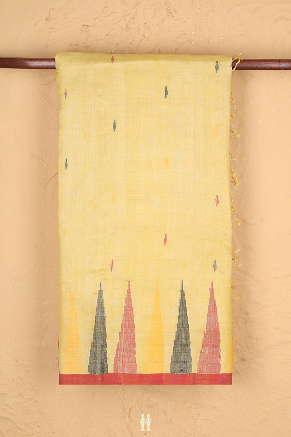 Tussar Silk Saree In Yellow With Threadwork Buttas