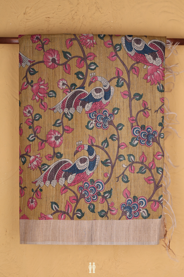 Tussar Silk Saree Mustard Yellow With Peacock Floral Design