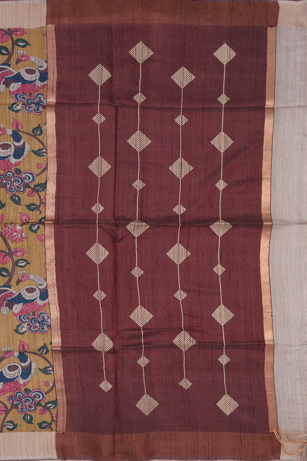 Tussar Silk Saree Mustard Yellow With Peacock Floral Design