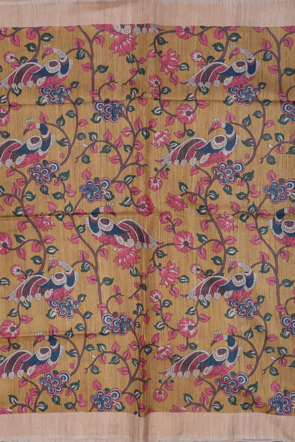 Tussar Silk Saree Mustard Yellow With Peacock Floral Design