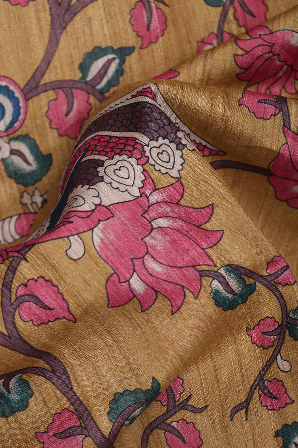 Tussar Silk Saree Mustard Yellow With Peacock Floral Design