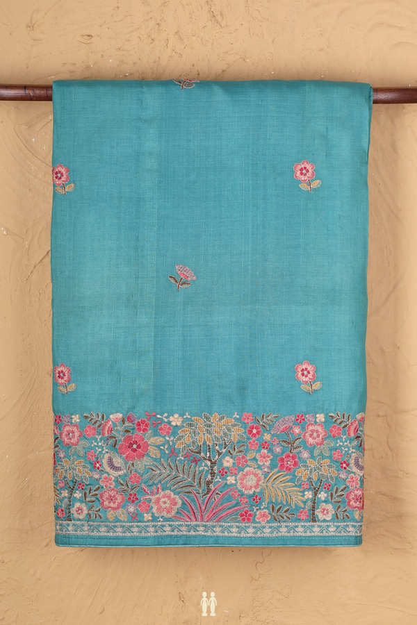 Tussar Silk Saree Turkish Blue With Floral Embroidered Buttas