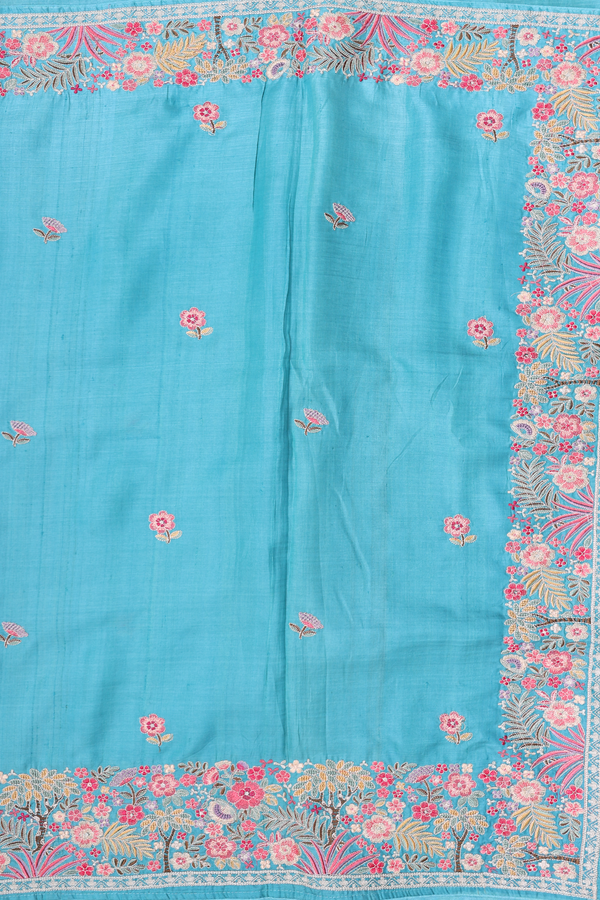 Tussar Silk Saree Turkish Blue With Floral Embroidered Buttas