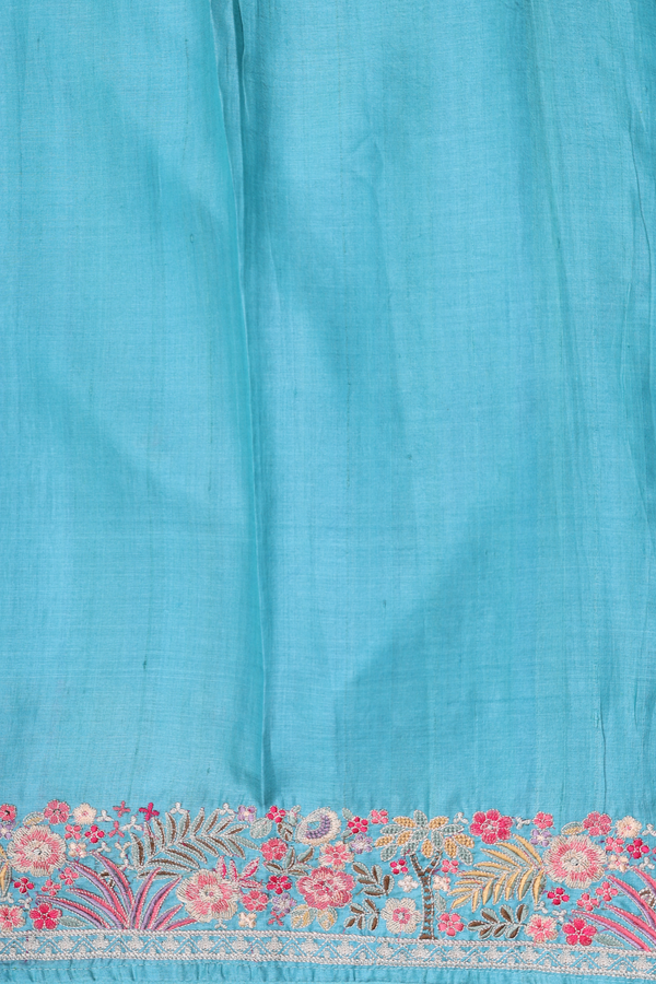Tussar Silk Saree Turkish Blue With Floral Embroidered Buttas
