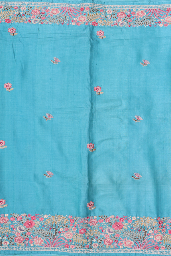 Tussar Silk Saree Turkish Blue With Floral Embroidered Buttas