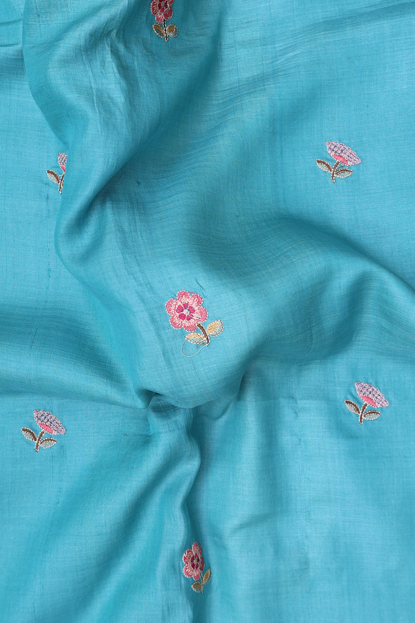 Tussar Silk Saree Turkish Blue With Floral Embroidered Buttas