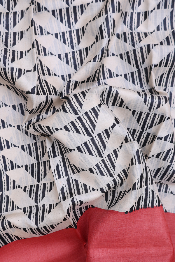 Tussar Silk Saree White With Printed Design